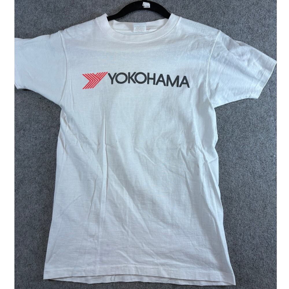 VTG 70s Yokohama Tires Motorsports Shirt Mens Small White Paper Thin Graphic Tee